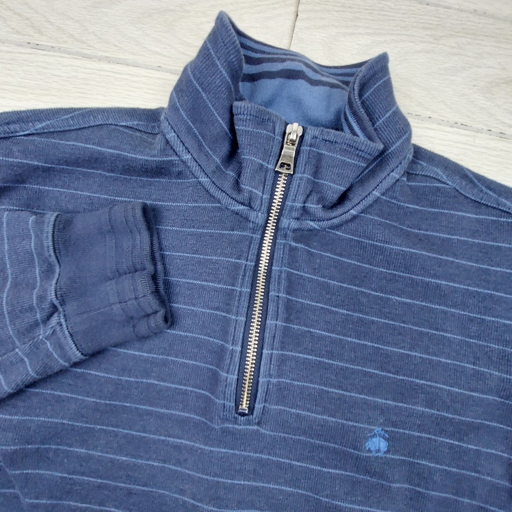 Brooks Brothers Sweater 1/4 Zip Pullover Mens Medium Navy Blue Striped Mock Neck
